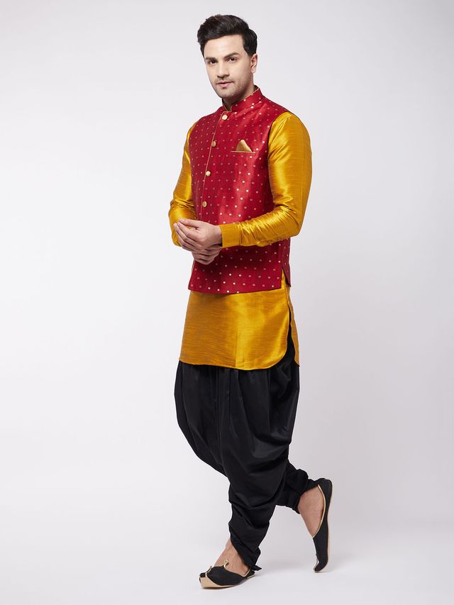 Men's Mustard Silk Blend Straight Jacket  Kurta and Dhoti Set