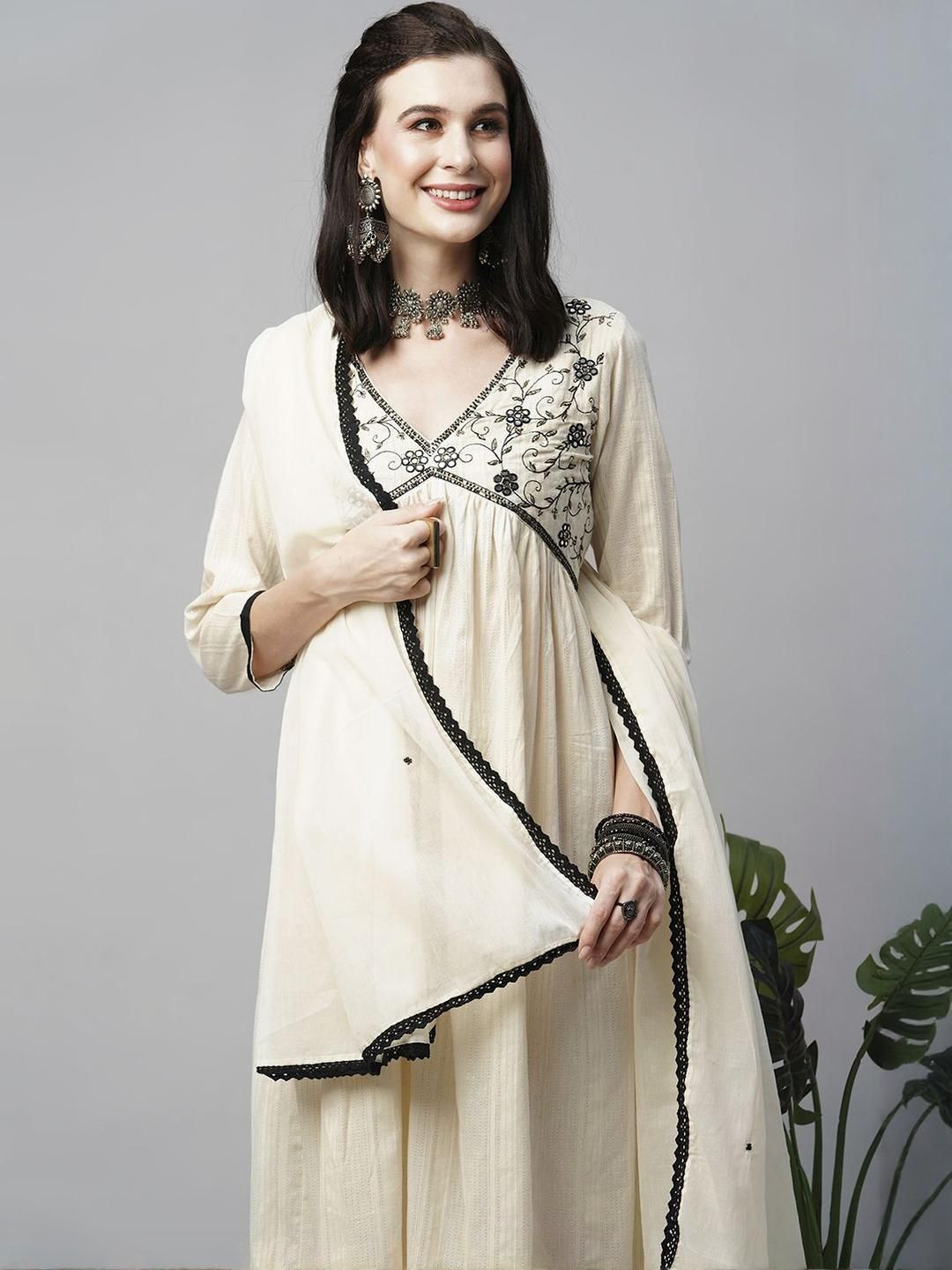 Indyancart SN Women's Woven Design Embroidered Cotton Kurta with Trousers & Dupatta