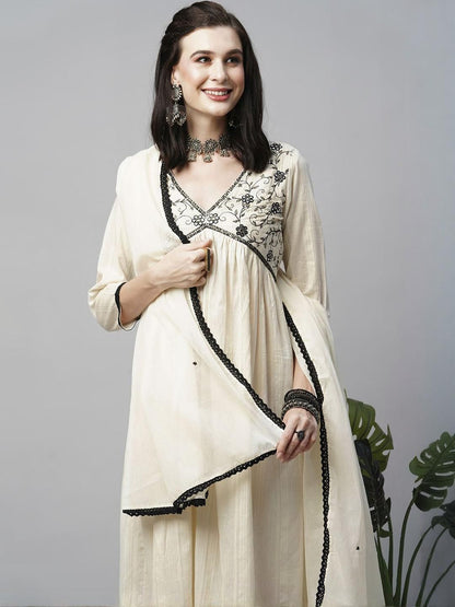 Indyancart SN Women's Woven Design Embroidered Cotton Kurta with Trousers & Dupatta