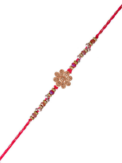 Anouk Gold Toned Beaded Floral Rakhi With Roli Chawal & Greeting Card