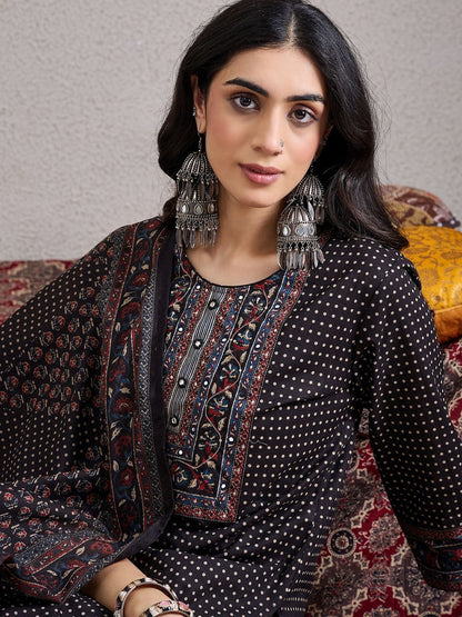 Ethnic Motifs Yoke Design Pure Cotton Straight Kurta & Trousers With Dupatta