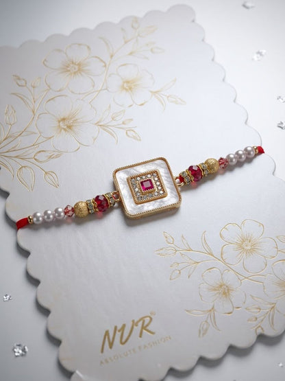 Anouk Square Design Multicolor Artificial Stones & Pearls Thread Rakhi With Roli Chawal
