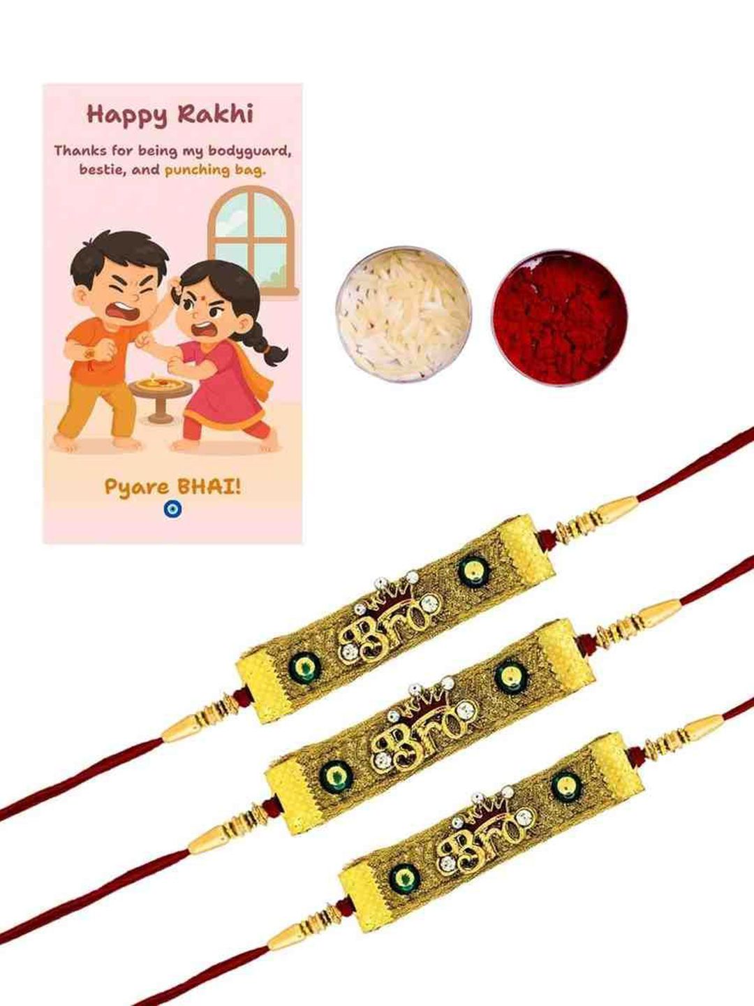 Anouk Set Of 3 Stones Studded And Beaded BRO Thread Rakhis With Roli And Chawal & Card
