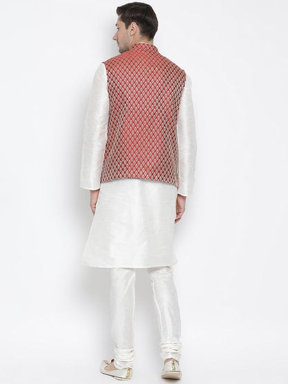 Men's Cream Silk Blend Straight Jacket  Kurta and Pyjama Set