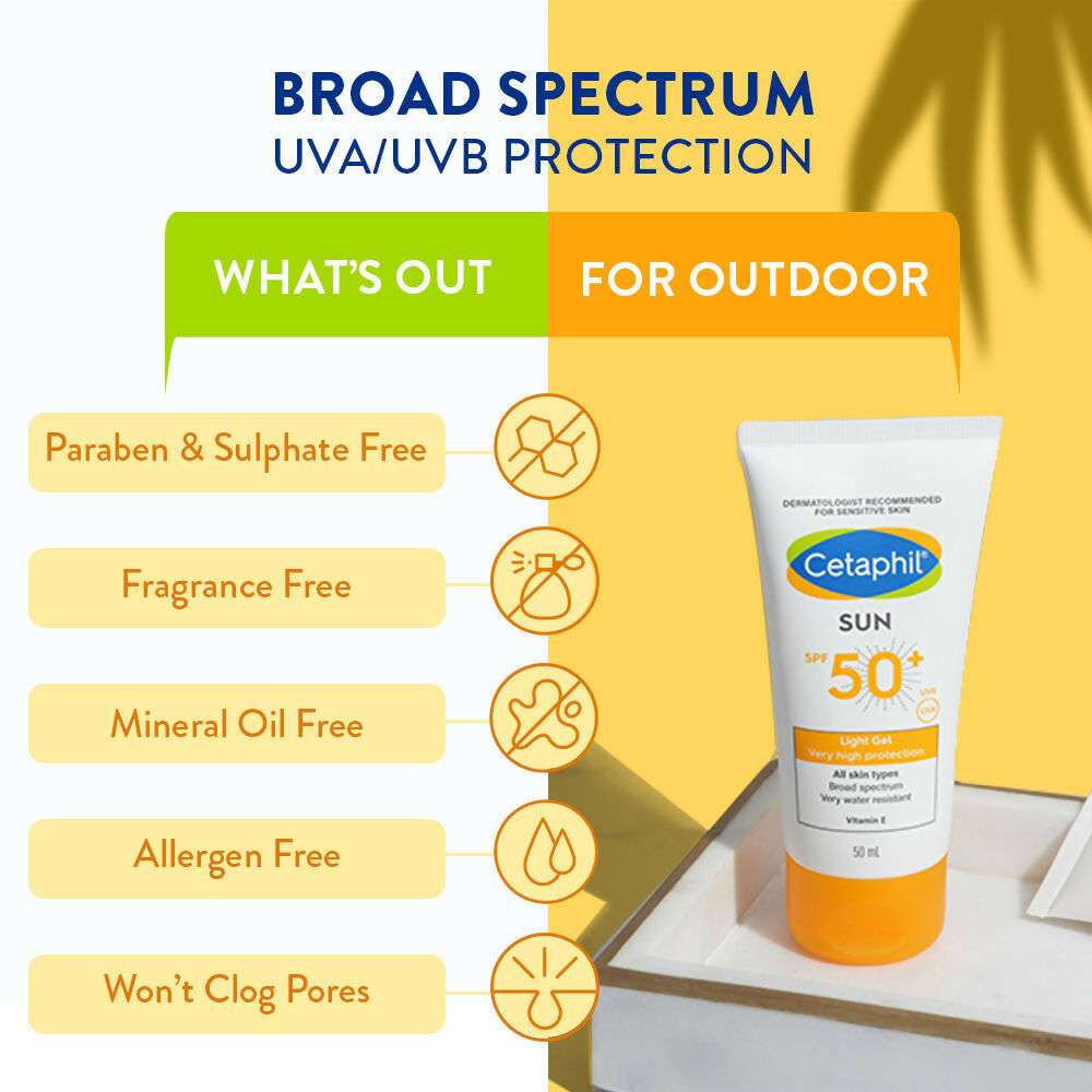 Cetaphil Sun SPF 50 Light Gel mineral sunscreen for normal, dry, and oily skin, in a white tube with a blue cap.