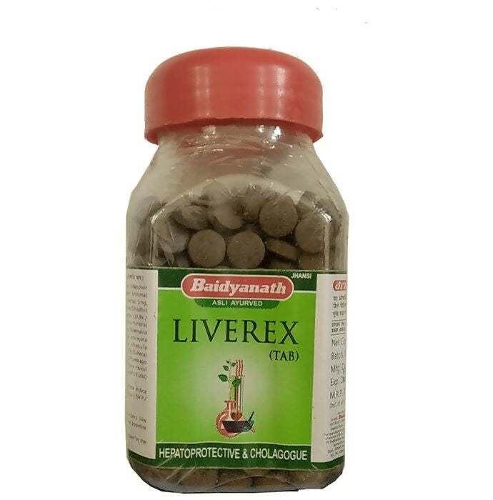 Baidyanath Jhansi Liverex Ayurvedic Tablets in a blister pack, natural herbal supplement for liver health and detox.