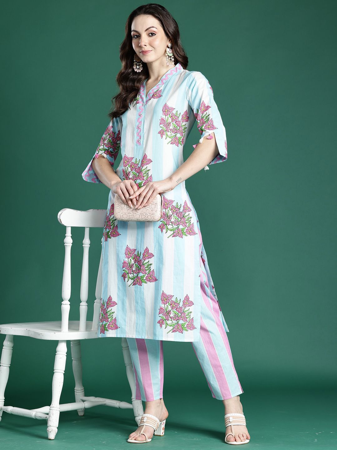 Indyancart IE Indo era Printed Pure Cotton V Neck Top With Trousers Co-Ords Set
