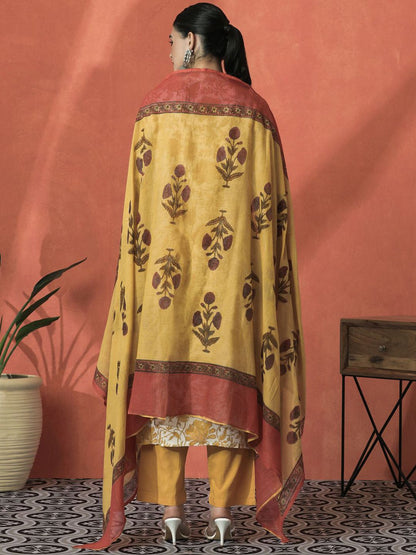 Indyancart SN Women's Floral Printed Mandarin Collar Pure Cotton A-Line Kurta With Trouser & Dupatta