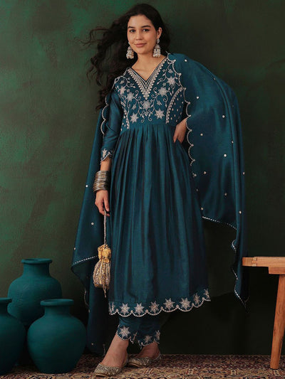 Indyancart SN Women's Teal Floral Embroidered V-Neck Tread Work Anarkali Kurta & Trouser With Dupatta