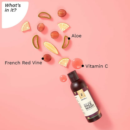 Pilgrim French Red Vine Face Wash with Vitamin C and Aloe, exfoliating scrub for anti-aging and dark spots, showing the product tube.