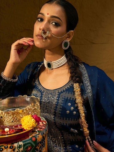 Dhiyona IE Ethnic Motifs Embroidered Zari Straight Kurta with Trousers & Dupatta