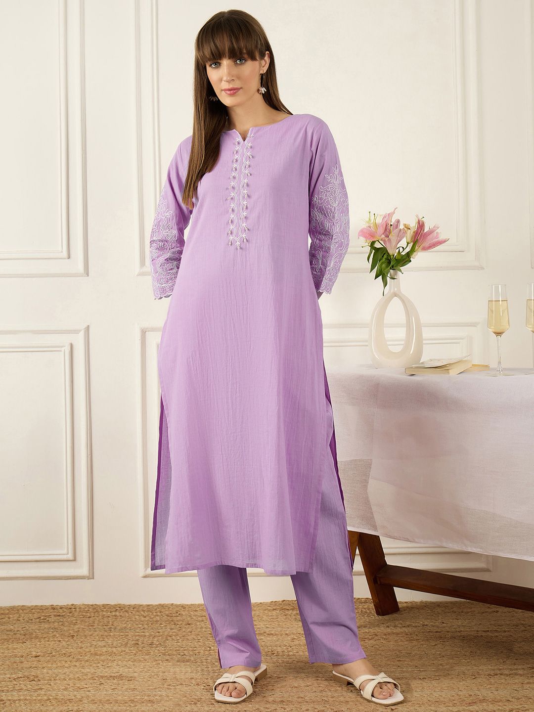 Floral Printed Thread Work Pure Cotton Kurta With Palazzos