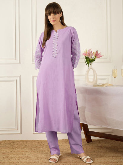 Floral Printed Thread Work Pure Cotton Kurta With Palazzos
