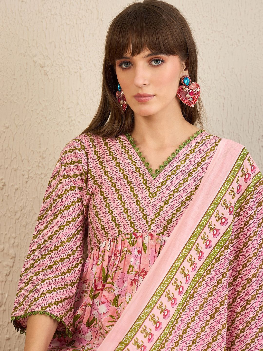 Indyancart IE Floral Printed Empire Pure Cotton A-Line Kurta With Trousers & Dupatta