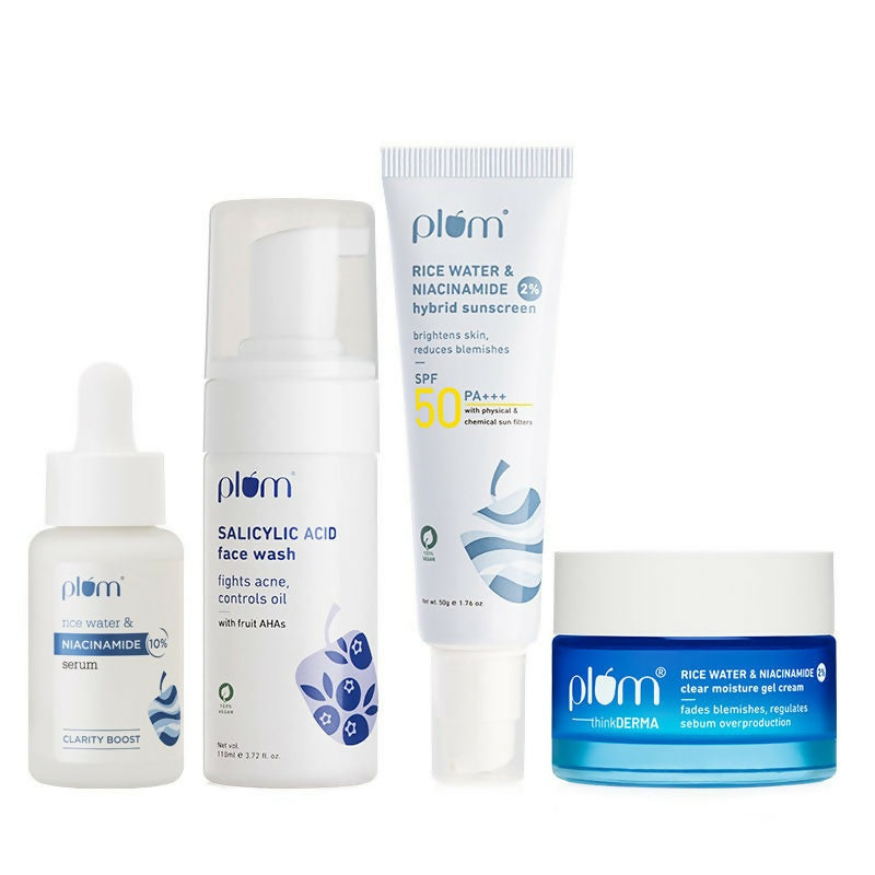 Plum Bright & Clear Skin sunscreen with niacinamide and salicylic acid, in a sleek tube, part of the skincare combo set.