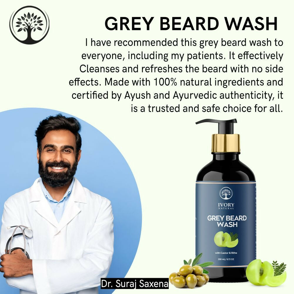 Ivory Natural beard wash in a bottle, designed for gray beard grooming and restoring natural black shade, with a clear label.