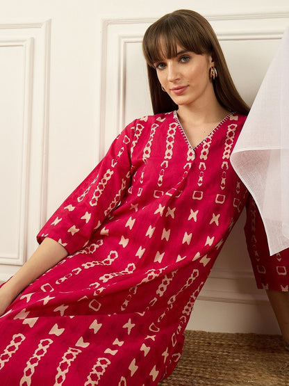 Indyancart IE Printed Mandarin Collar Pure Cotton Top With Trousers