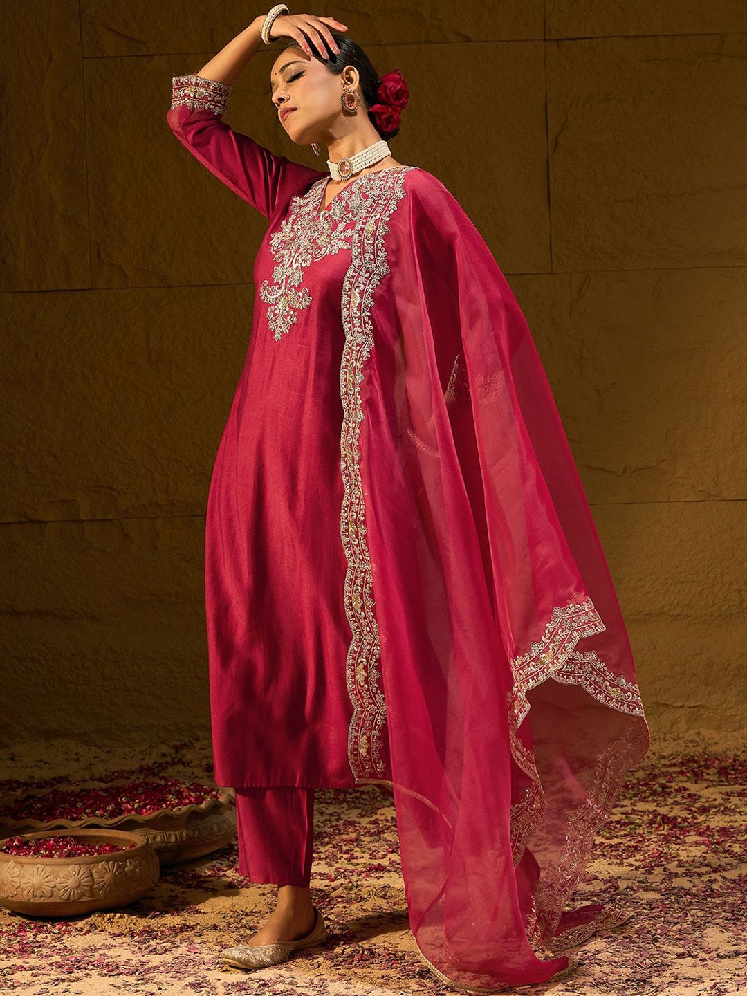 Indyancart IE Maroon Ethnic Motifs Embroidered Sequinned Liva Kurta with Trouser & Dupatta
