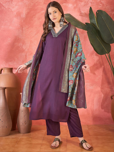 Indyancart SN Women's Embroidered V-Neck Straight Kurta With Trousers & Dupatta