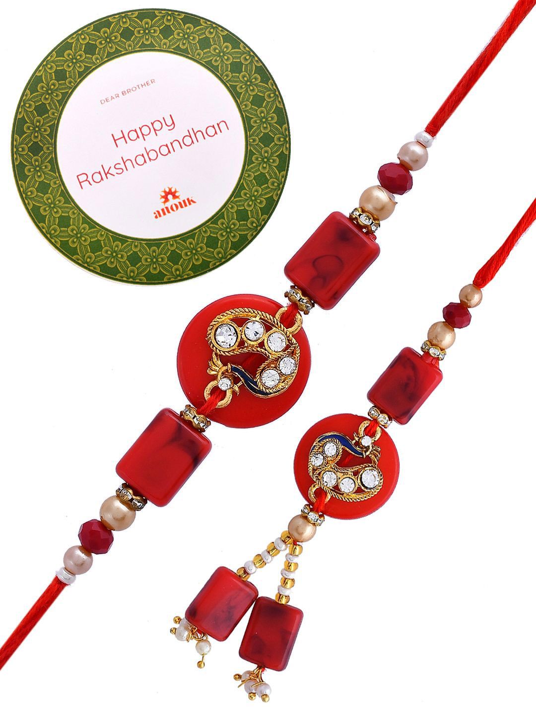 Anouk Gold-Toned Set Of 2 Stones Studded & Beaded Thread Rakhis With Roli Chawal