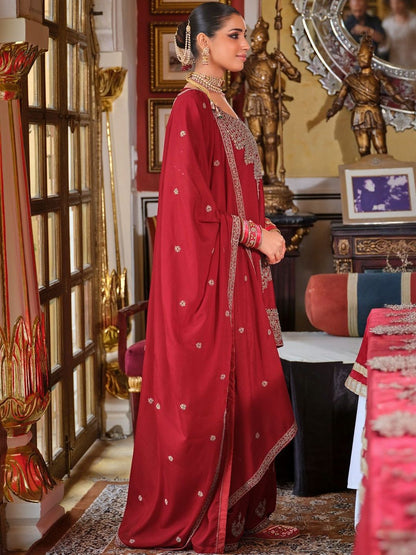 Ethnic Motifs Embroidered Chinon Beads & Stones Kurta With Palazzos & Dupatta