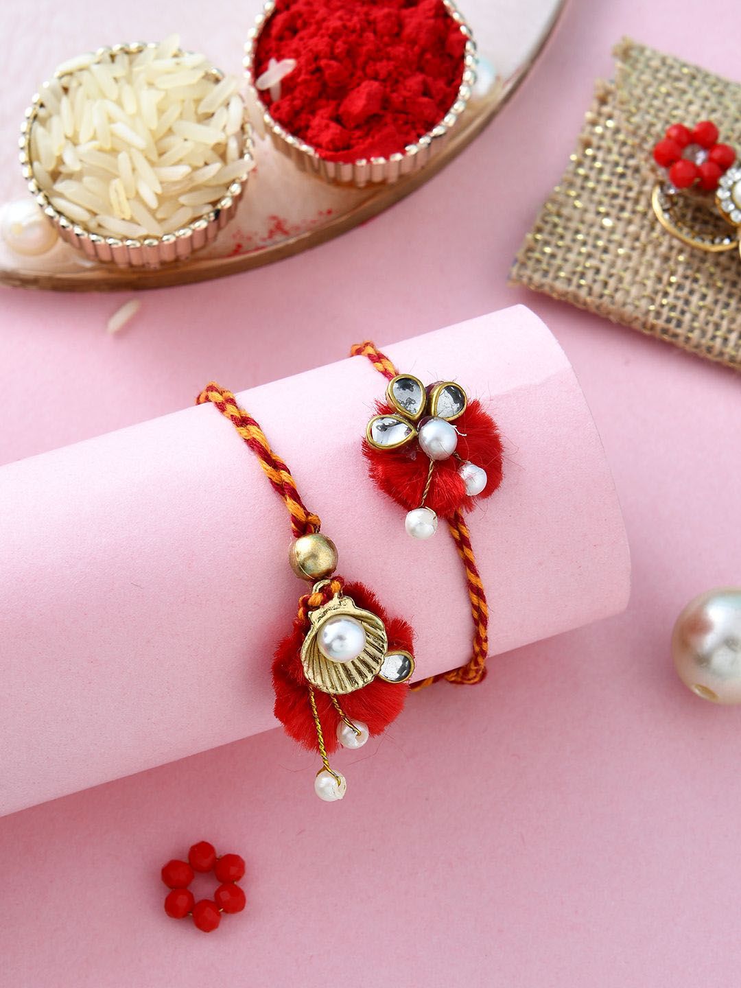 Anouk Red Pearl-Beaded Bhaiya Bhabhi Rakhi With Roli Chawal & Greeting Card