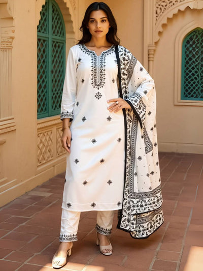 Indyancart IE Women Embroidered Sequinned Pure Cotton Kurta with Trousers & Dupatta Kurta Sets