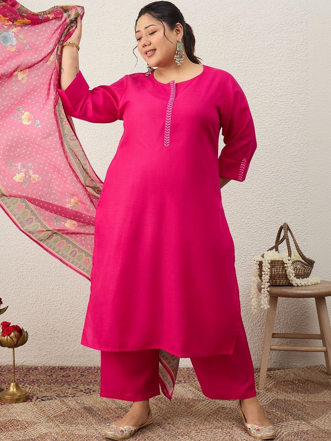 Indyancart Women's Ethnic Motifs Regular Thread Work Kurta with Trousers & With Dupatta
