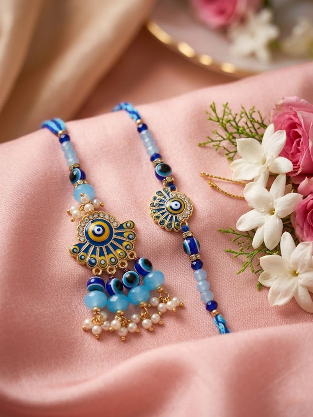 Anouk Set Of 2 Blue Evil Eye Artificial Beads Bhaiya Bhabhi Rakhi With Roli Chawal