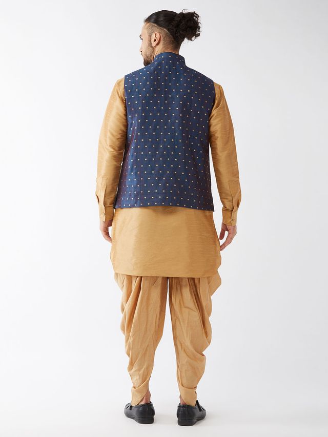 Men's Rose Gold Silk Blend Straight Jacket  Kurta and Dhoti Set
