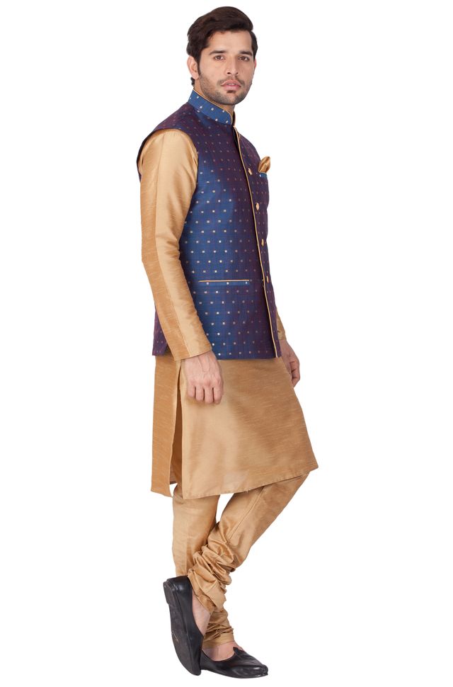 Men's Gold Silk Blend Straight Jacket  Kurta and Pyjama Set