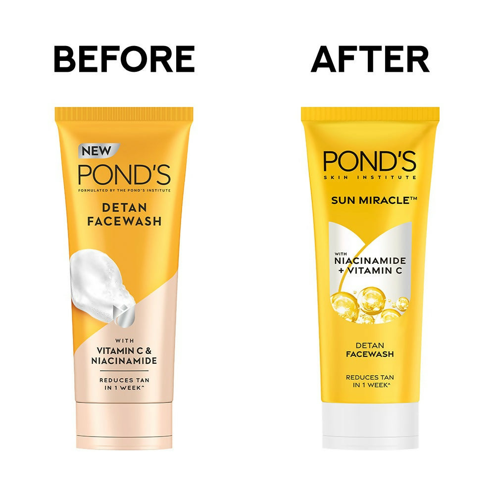 Ponds DeTan face wash with Niacinamide and Vitamin C, showing the product bottle and ingredients on a clean background.
