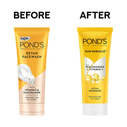 Ponds DeTan face wash with Niacinamide and Vitamin C, showing the product bottle and ingredients on a clean background.