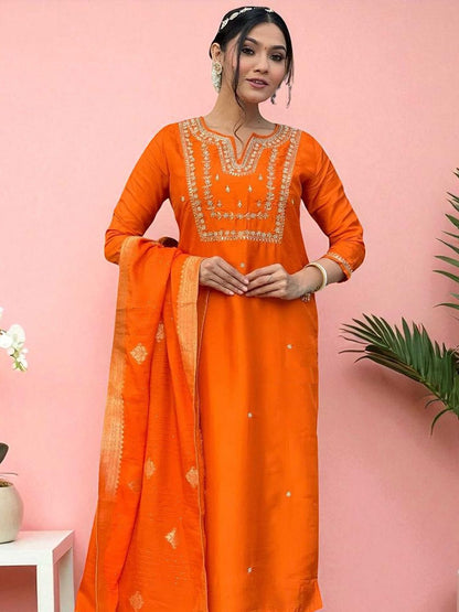 Indyancart SN Women's Floral Embroidered Thread Work Notch Neck Straight Kurta With Trouser And Dupatta