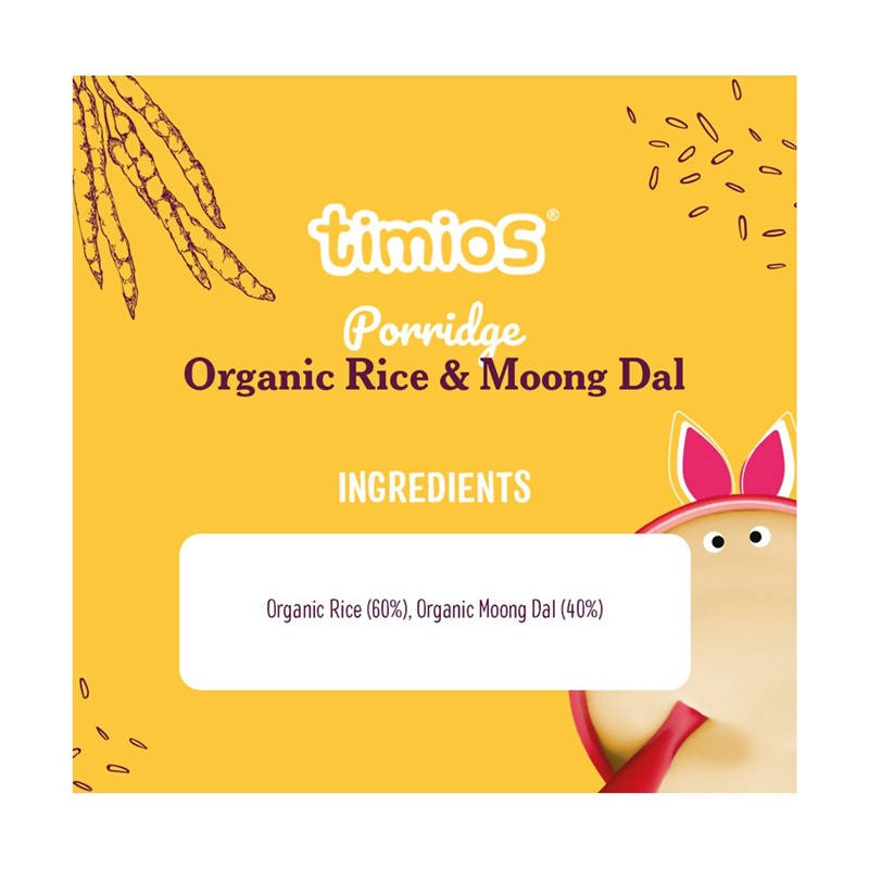 Timios Organic Rice Moong Dal Porridge for babies, showing a bowl of creamy rice and moong dal cereal with packaging in the background.