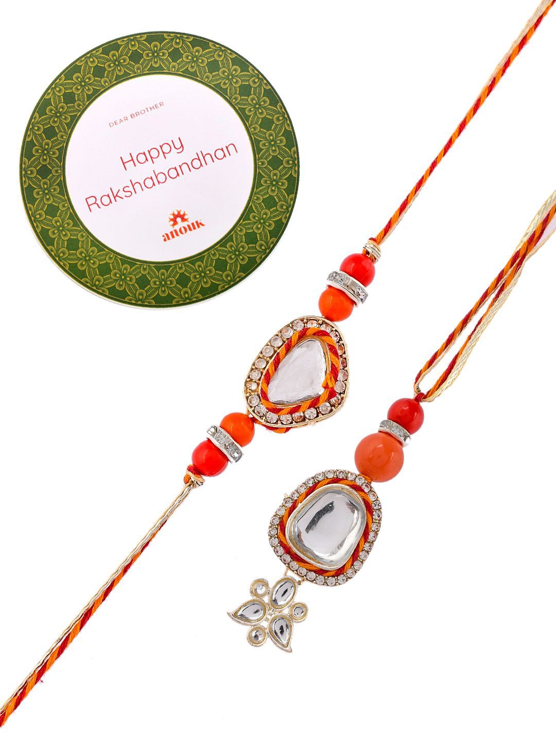 Anouk Red Stone Studded & Beaded Bhaiya Bhabhi Rakhis With Roli Chawal & Greeting Card