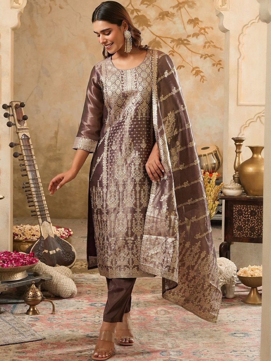 Women Ethnic Motifs Woven Design Regular Kurta Trousers With Dupatta