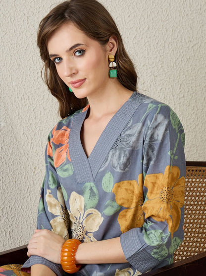 Women Grey Floral Printed Regular Pure Cotton Straight Kurta with Trousers