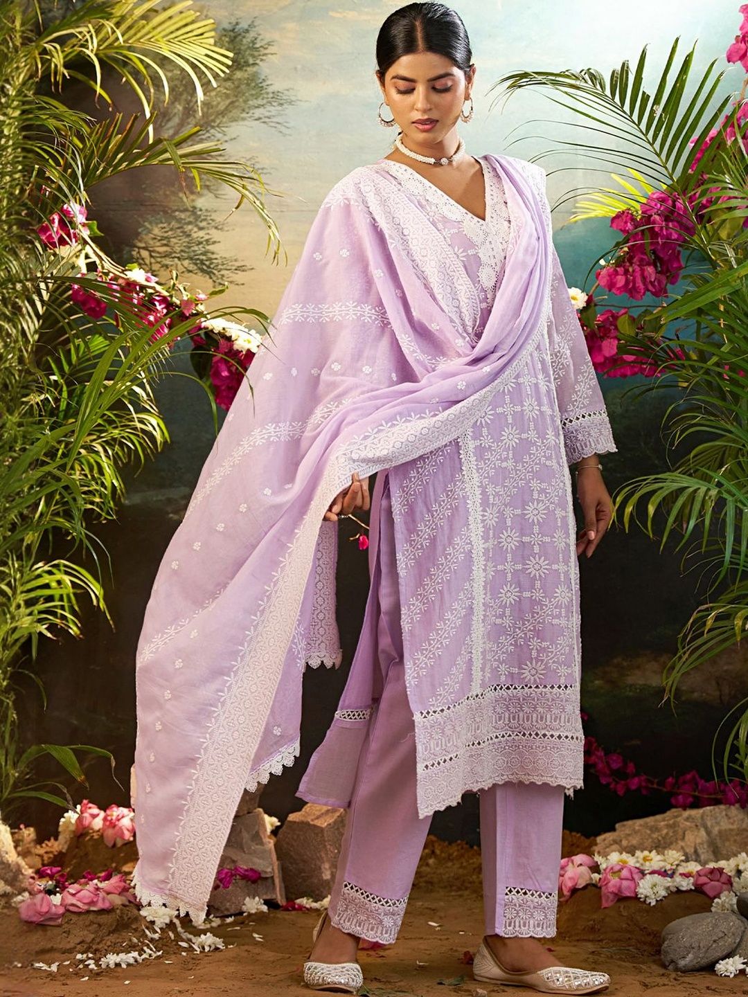 Women Ethnic Motifs Embroidered Regular Chikankari Pure Cotton Kurta with Trousers & With Dupatta
