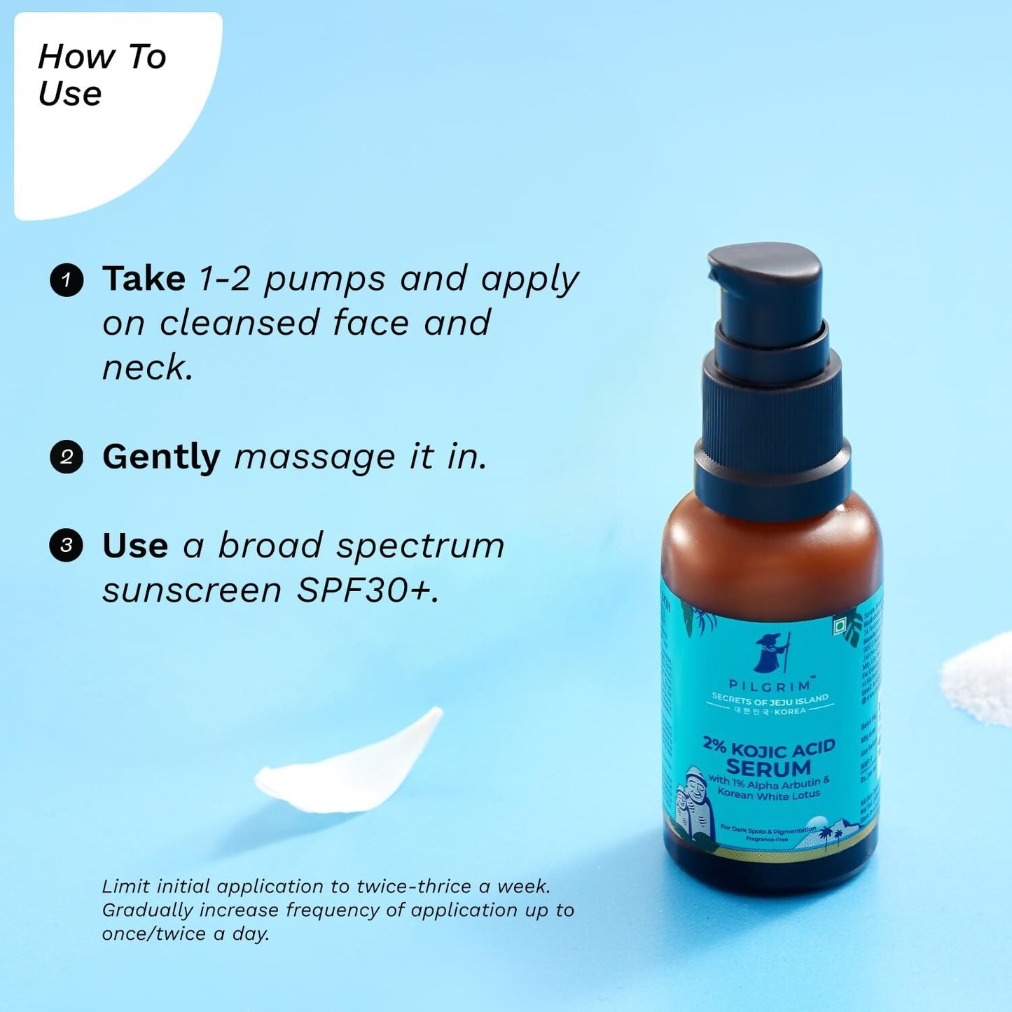 Pilgrim 2% Kojic Acid Serum with Arbutin and White Lotus for acne and dark spots, in a clear glass bottle with dropper.