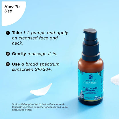 Pilgrim 2% Kojic Acid Serum with Arbutin and White Lotus for acne and dark spots, in a clear glass bottle with dropper.