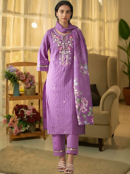 Women Floral Embroidered Regular Thread Work Pure Cotton Kurta with Trousers & With Dupatta