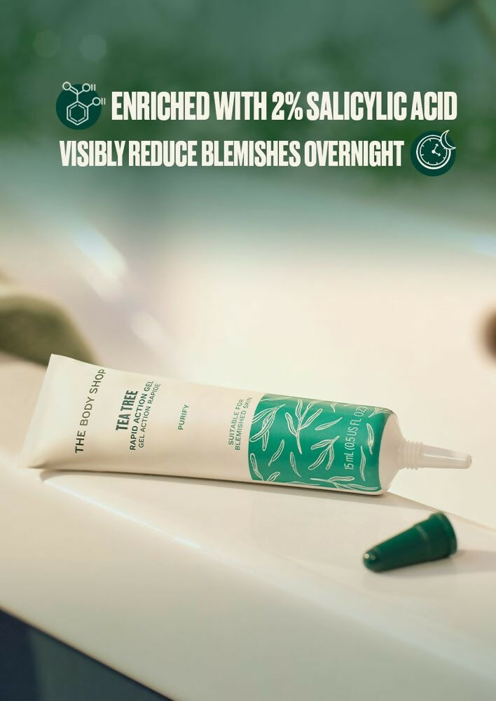 The Body Shop Tea Tree Rapid Action Gel for face, clear gel with tea tree leaves, to target blemishes and reduce skin blemishes.