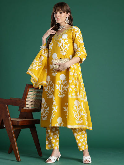 Dhiyona IE Floral Printed Mirror Work Pure Cotton Kurta With Trousers & Dupatta