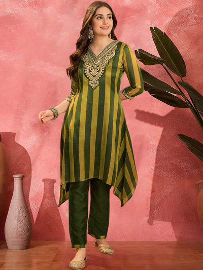 Indyancart SN Women's Striped V-Neck Thread Work A-Line Asymmetric Kurta & Trousers