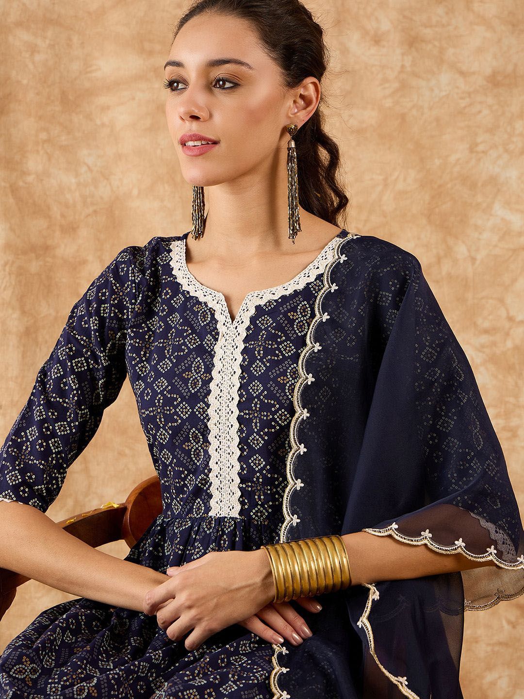 Bandhani Printed A-Line Kurta with Trousers & Dupatta