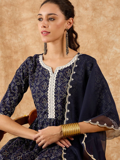 Indyancart IE Bandhani Printed A-Line Kurta with Trousers & Dupatta