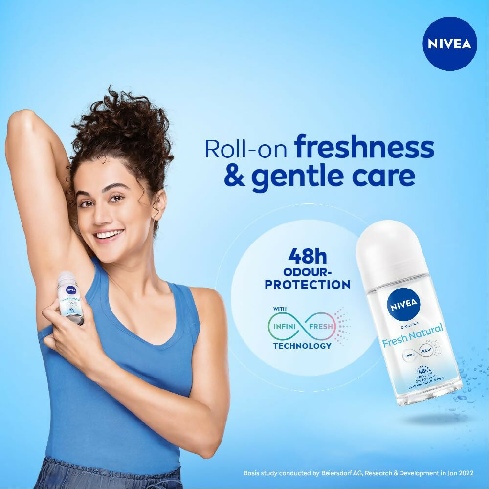 Nivea Fresh Natural Roll-On deodorant for women with 48-hour protection, featuring smooth and beautiful underarms.