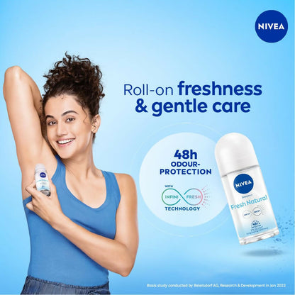 Nivea Fresh Natural Roll-On deodorant for women with 48-hour protection, featuring smooth and beautiful underarms.