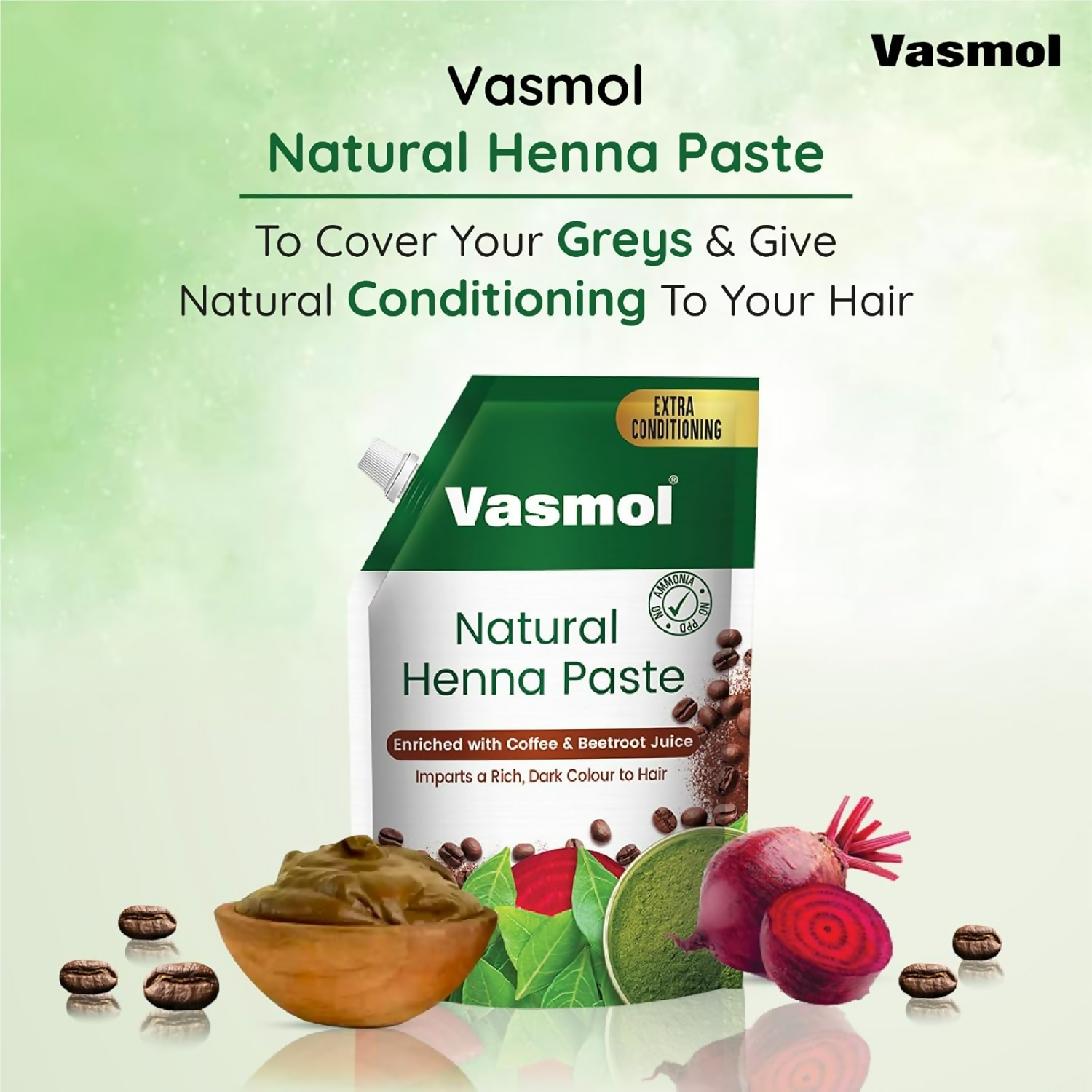 Vasmol Natural Henna Paste ready-to-use for hair coloring, showcasing smooth, rich henna paste in a container.